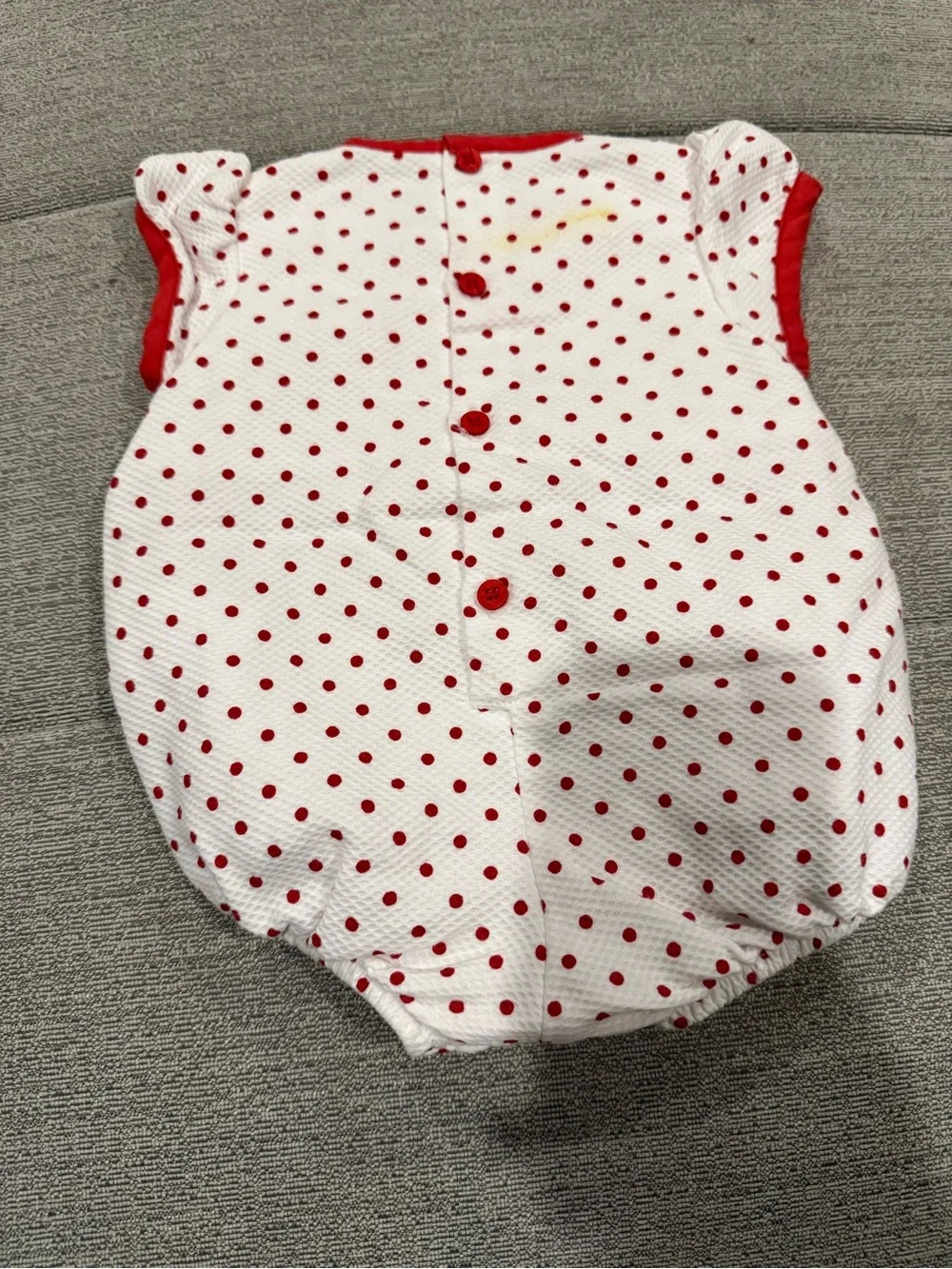 Baby Girl Red and White Polka Dot Bubble Romper with Puff Sleeves